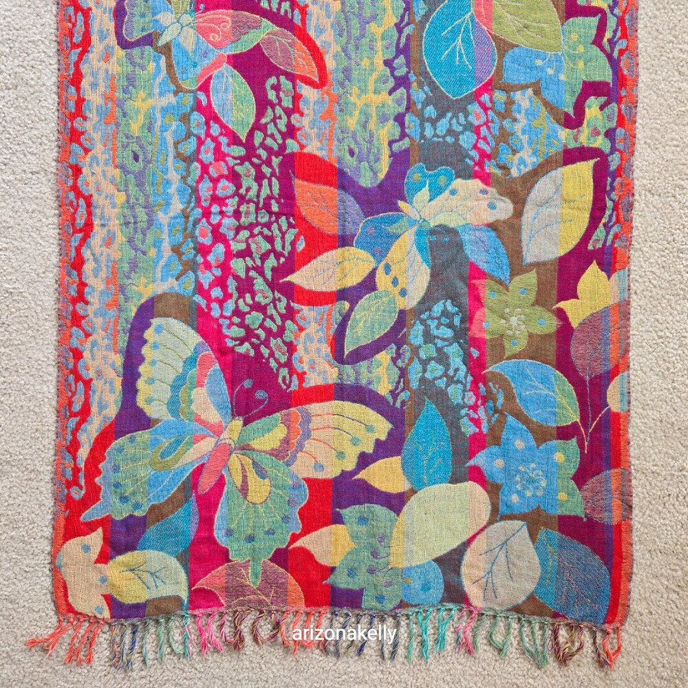 NWOT 100% Wool Woven Scarf Butterfly Flowers Colorful Vibrant - Picture 2 of 12